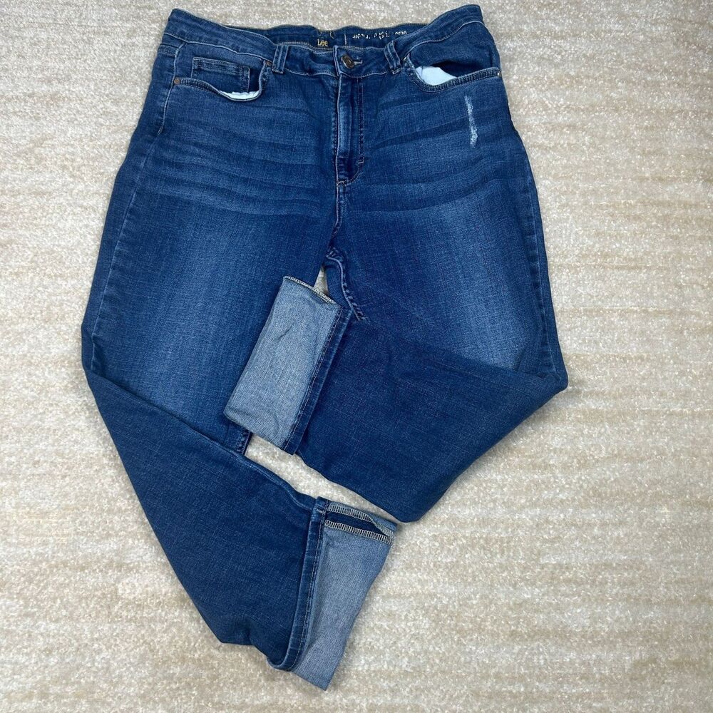Lee Jeans Womens 14 Slim Straight Dark Wash Stretch Rolled Cuff Distressed Denim